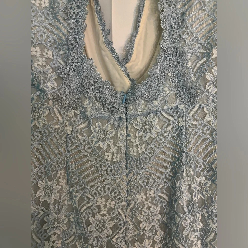 NWT Foxiedox Womens Sz Med Blue Lace Sleeveless Jumpsuit Faux Wrap Cropped Lined - Picture 8 of 12